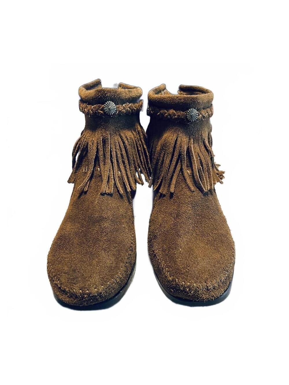 Minnetonka Dusty Brown Suede Concho Fringe High Top Back Zip Moccasin Boots 9 - Picture 3 of 8